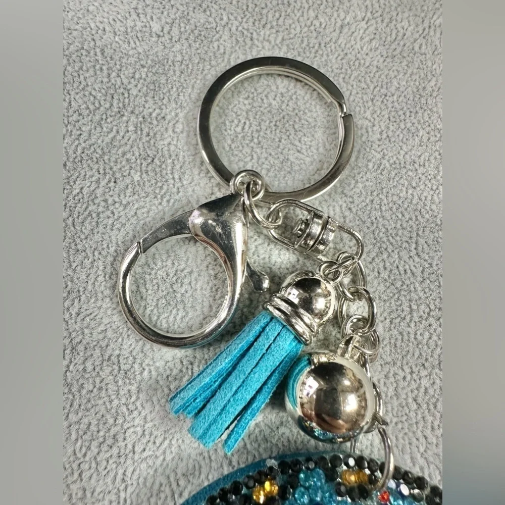 Blue Blingy Rhinestone Donut Tassel Key Ring And Lobster Clip Keychain